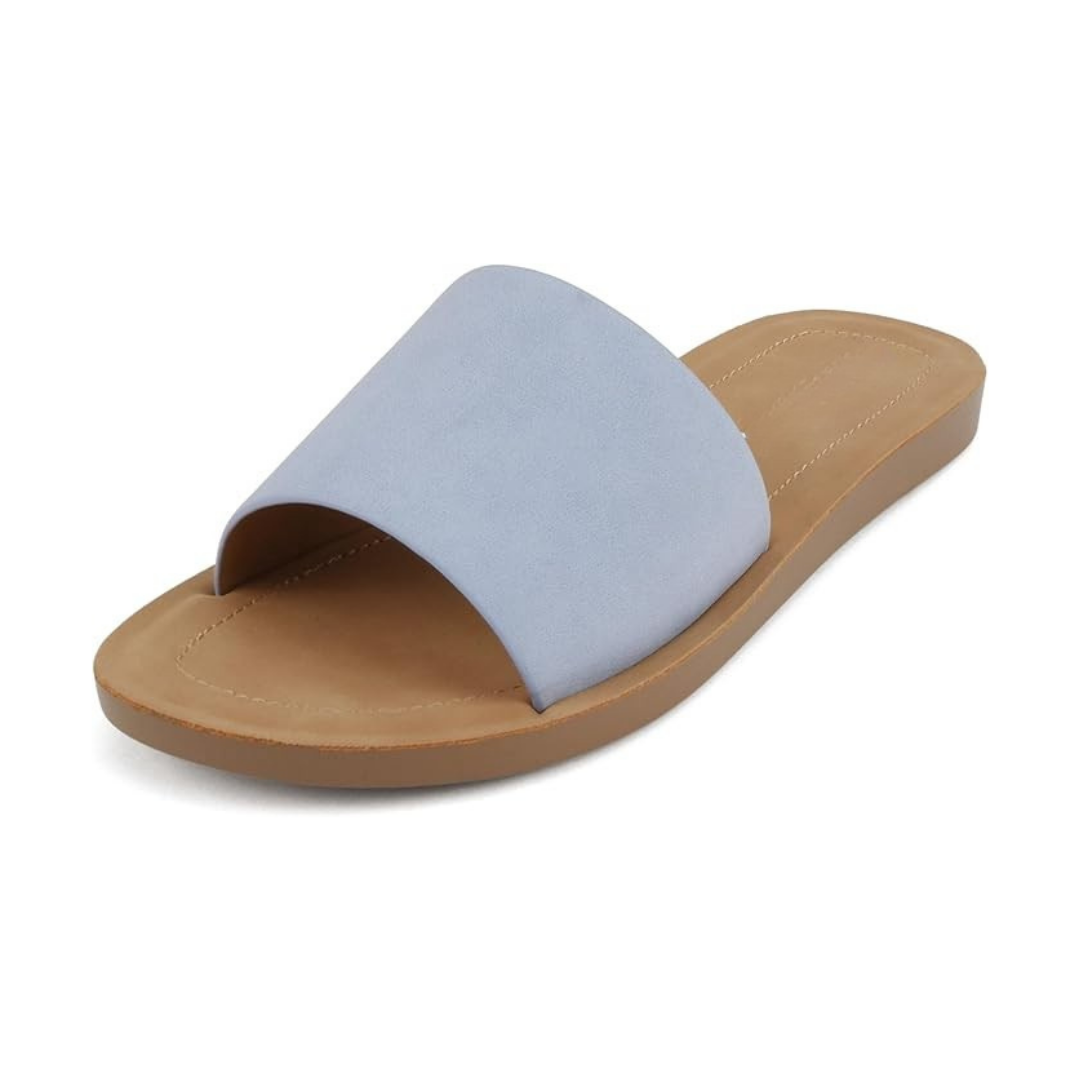 Sandalias tipo pala azul claro para mujer con diseño minimalista y suela ligera marrón