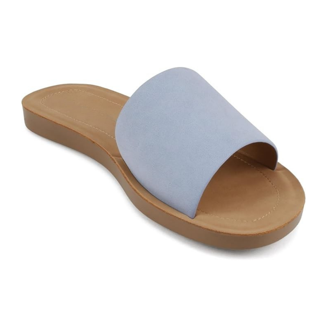 Sandalias tipo pala azul claro para mujer con diseño minimalista y suela ligera marrón