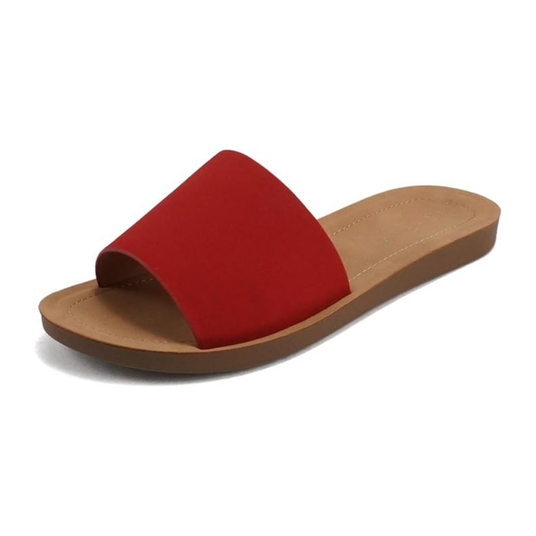 Sandalias planas rojas para mujer con pala ancha y suela ligera antideslizante