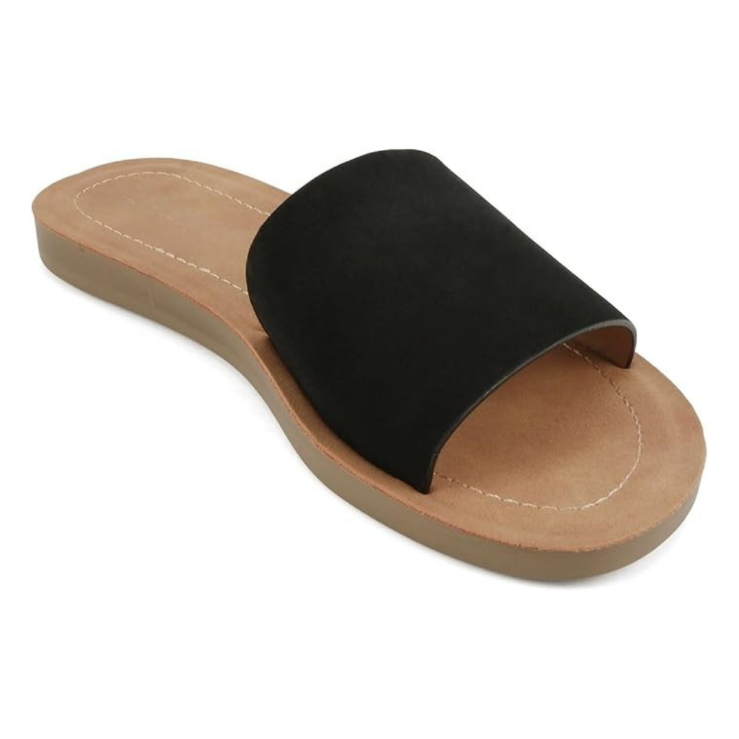 Sandalias planas negras para mujer con banda ancha lisa y base ligera antideslizante