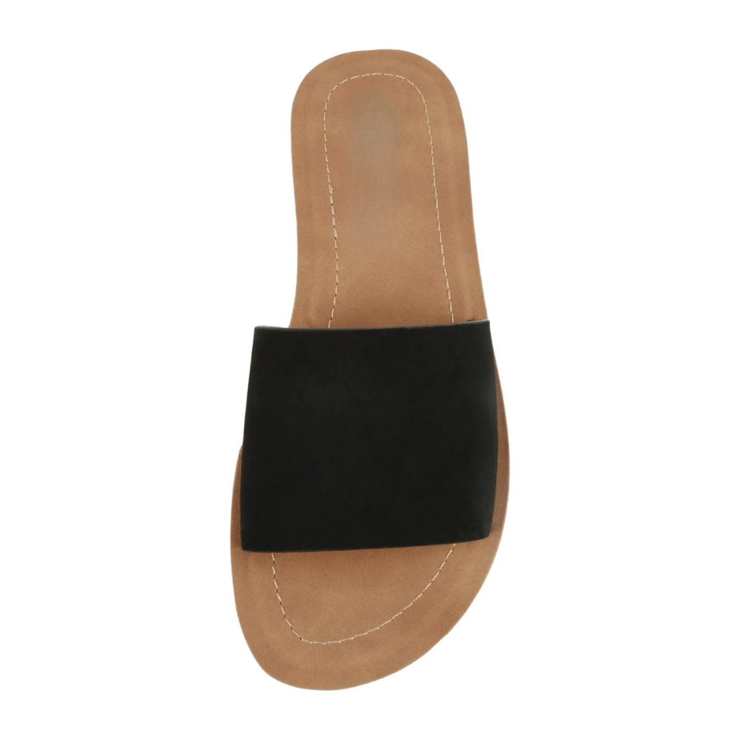 Sandalias planas negras para mujer con banda ancha lisa y base ligera antideslizante