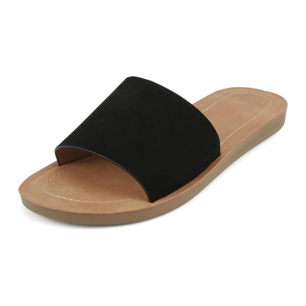 Sandalias planas negras para mujer con banda ancha lisa y base ligera antideslizante