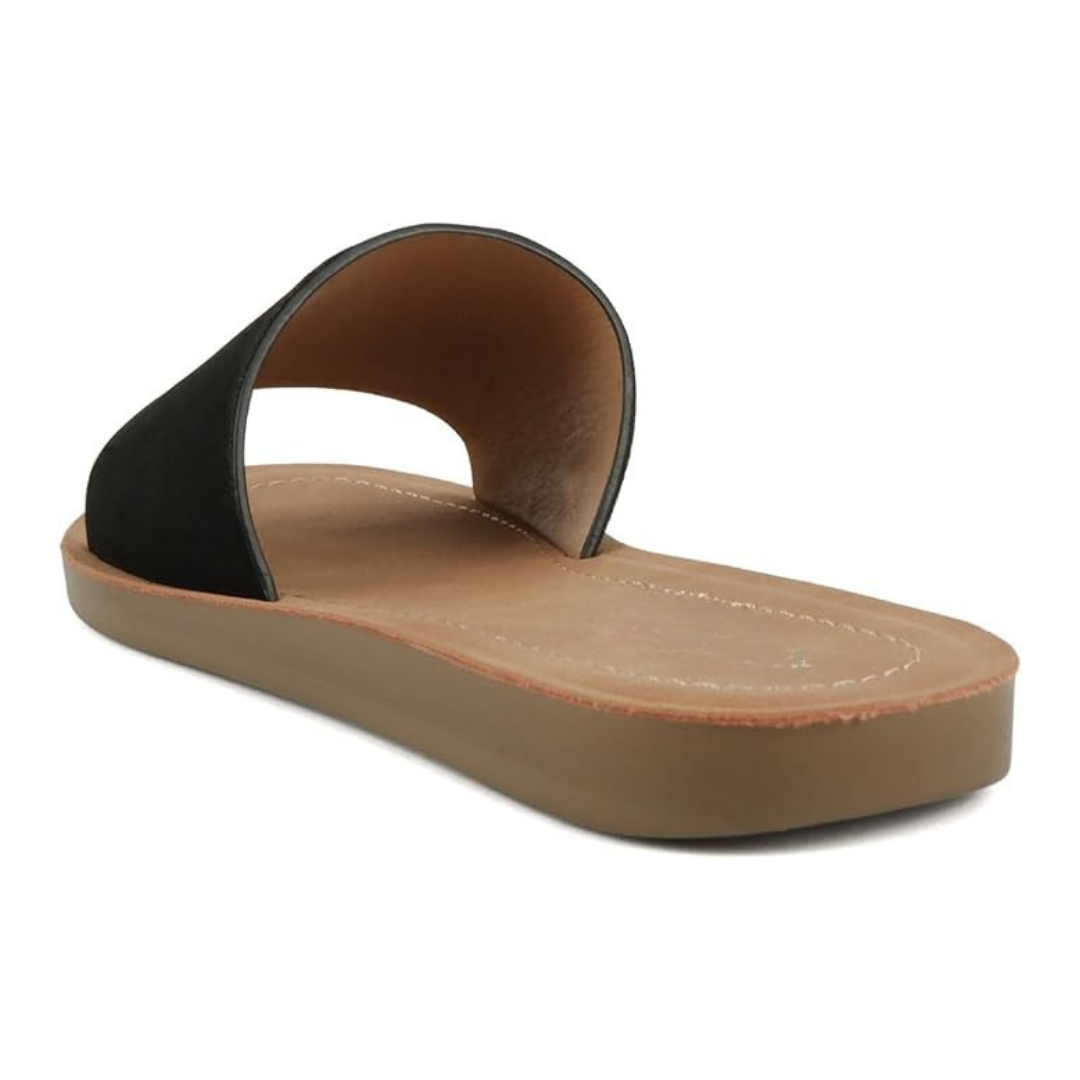 Sandalias planas negras para mujer con banda ancha lisa y base ligera antideslizante