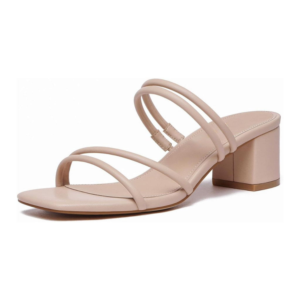 Sandalias beige de tacón ancho para mujer con tiras múltiples y diseño minimalista