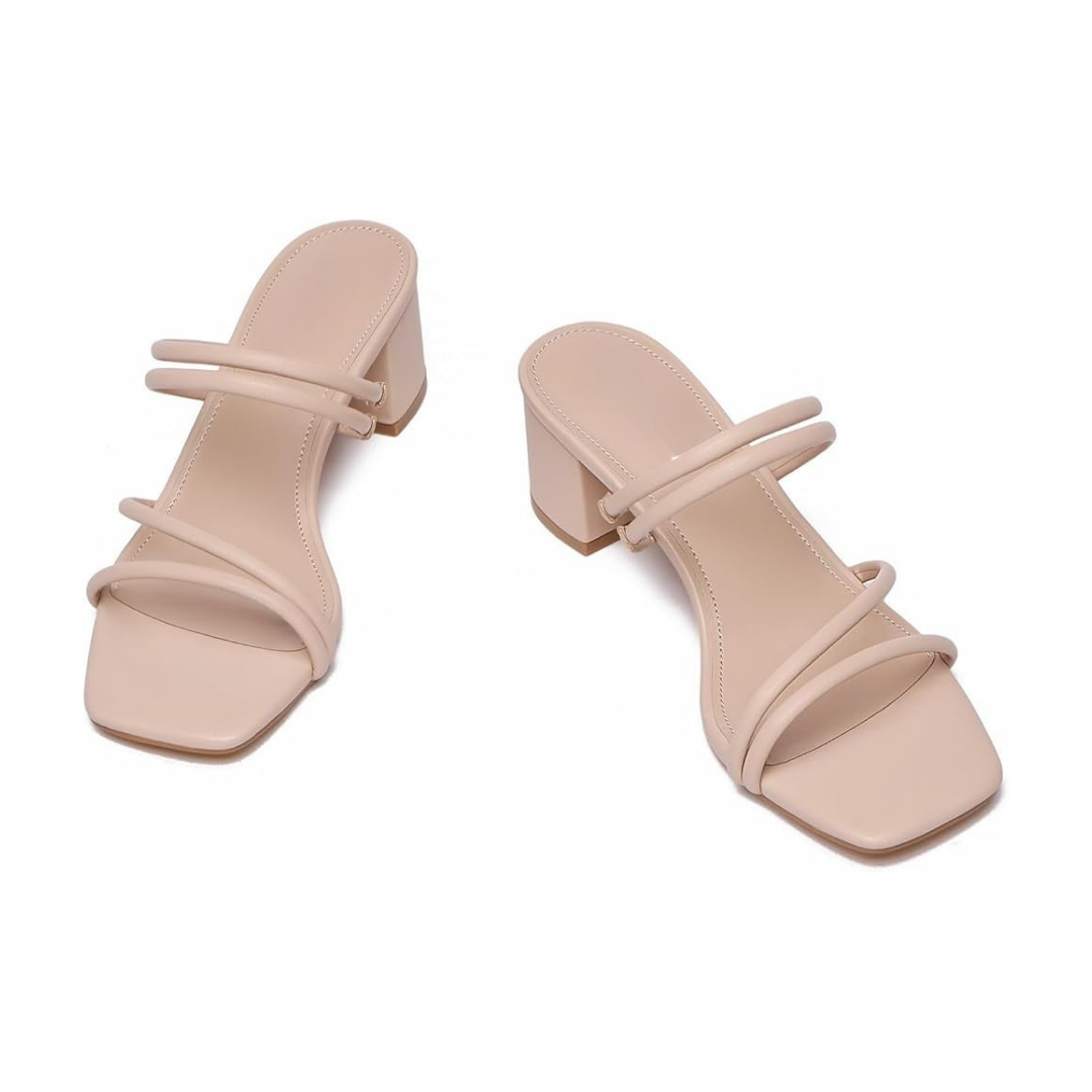 Sandalias beige de tacón ancho para mujer con tiras múltiples y diseño minimalista