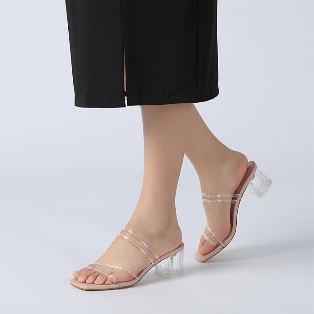 Sandalias de tacón ancho transparente para mujer con tiras de PVC y base nude