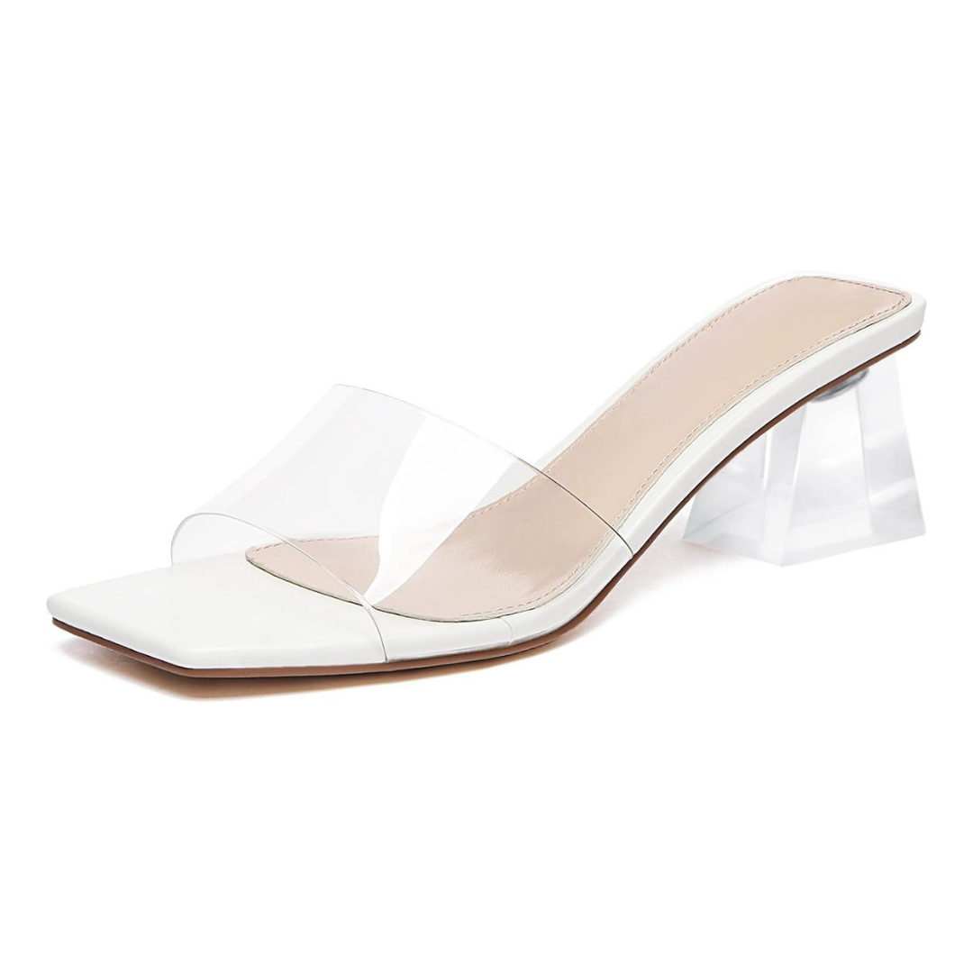 Sandalias blancas de tacón cuadrado para mujer con pala transparente y diseño abierto