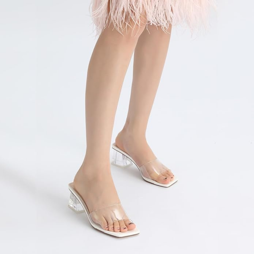 Sandalias blancas de tacón cuadrado para mujer con pala transparente y diseño abierto