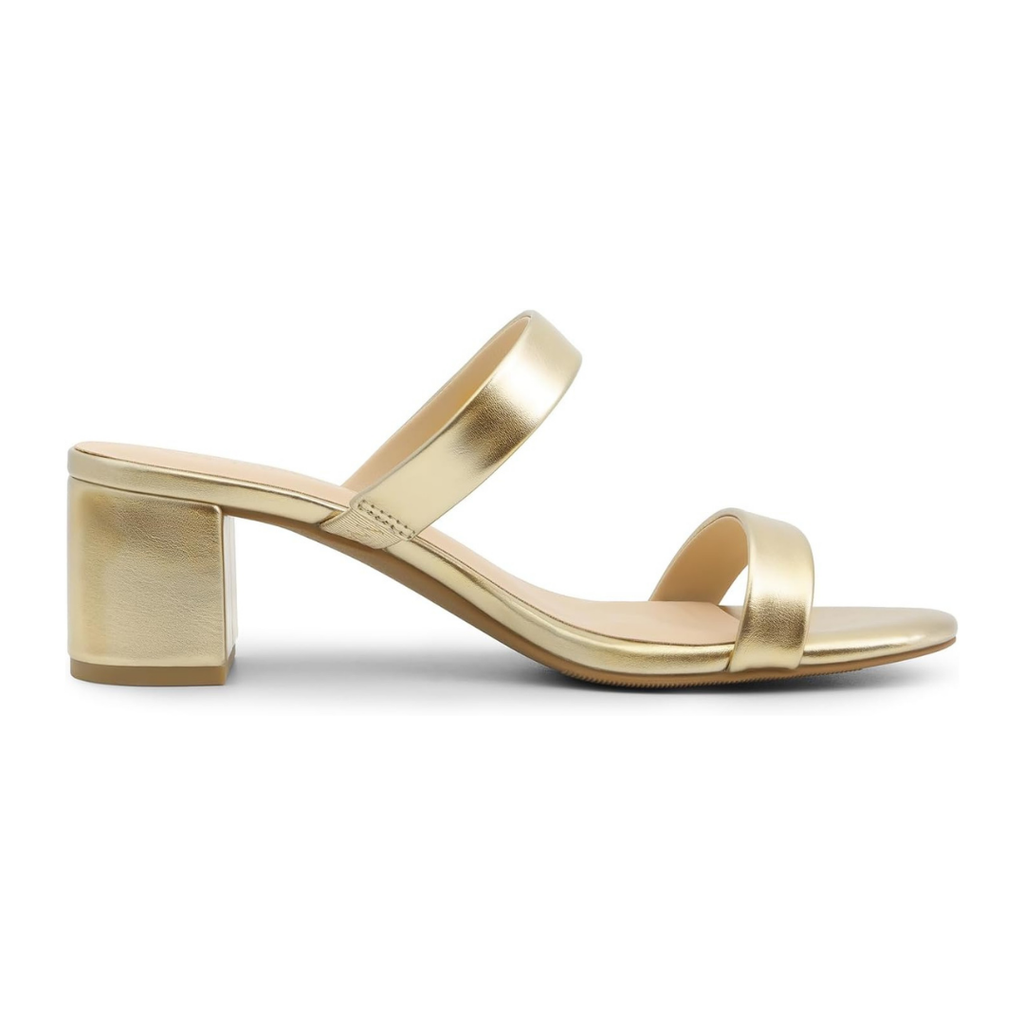 Sandalias doradas de tacón medio para mujer con tiras cruzadas y acabado metalizado