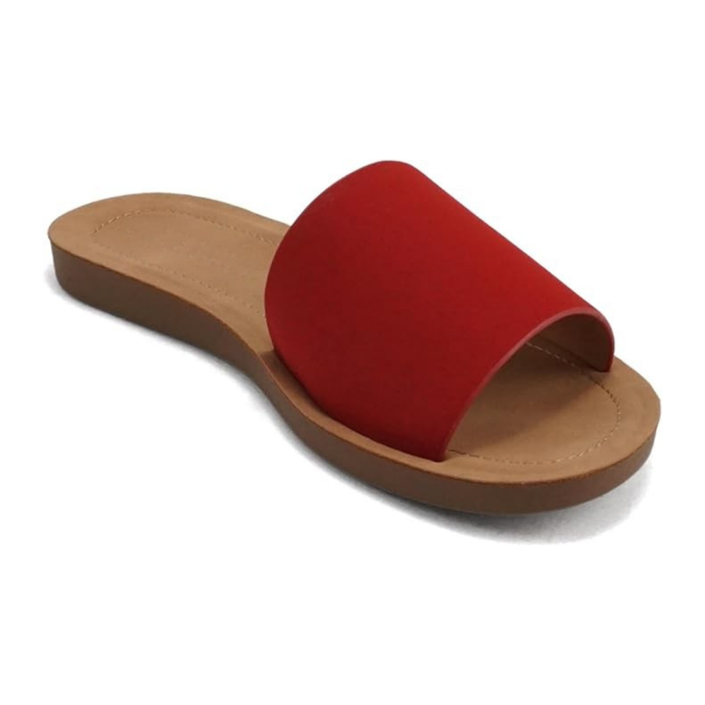 Sandalias planas rojas para mujer con pala ancha y suela ligera antideslizante