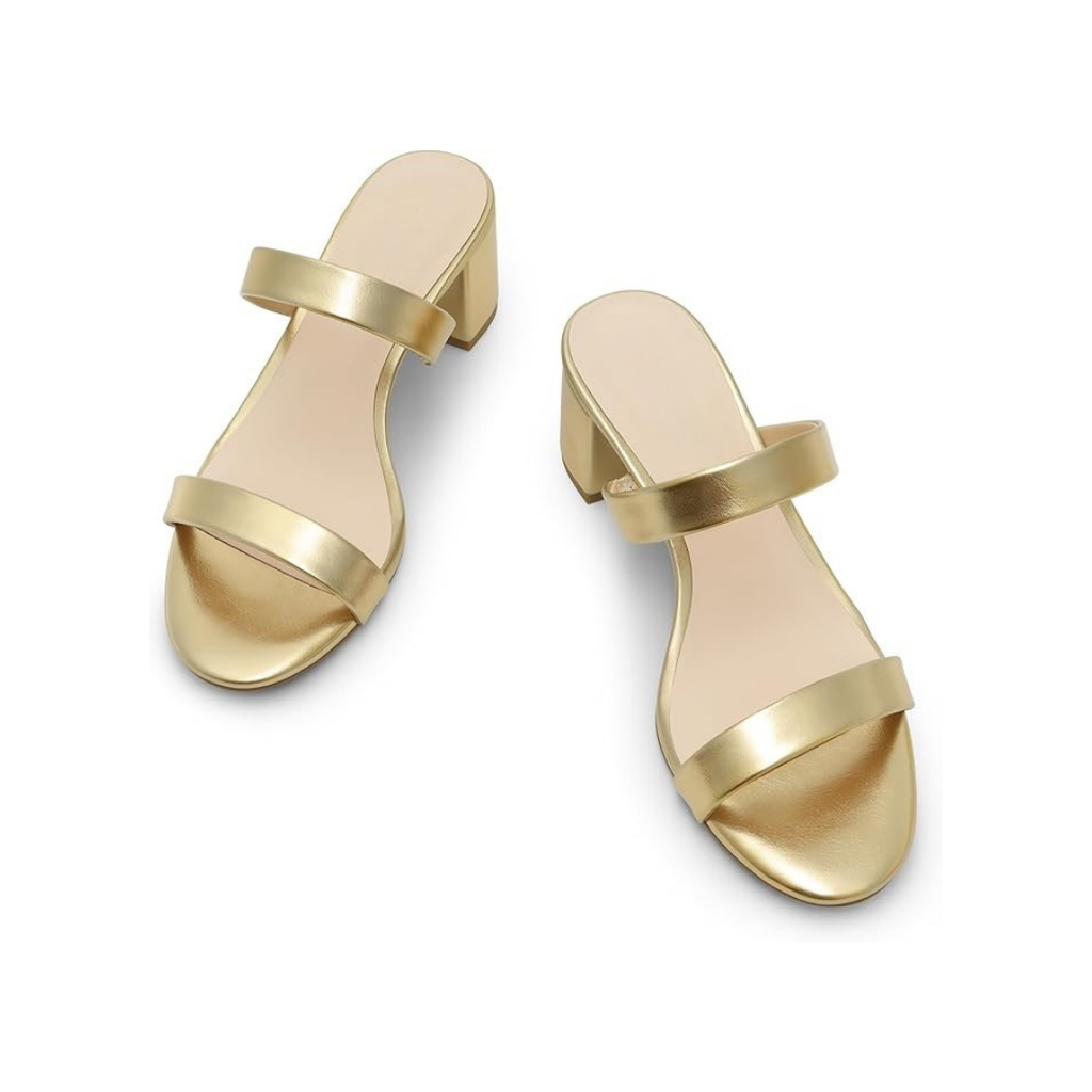 Sandalias doradas de tacón medio para mujer con tiras cruzadas y acabado metalizado