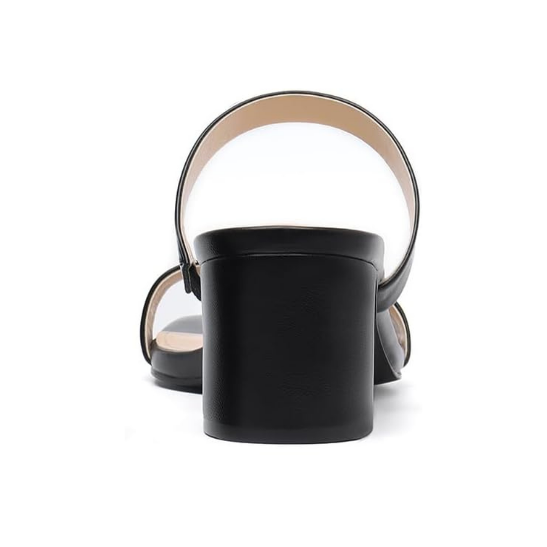 Sandalias negras de tacón medio para mujer con doble tira y acabado liso