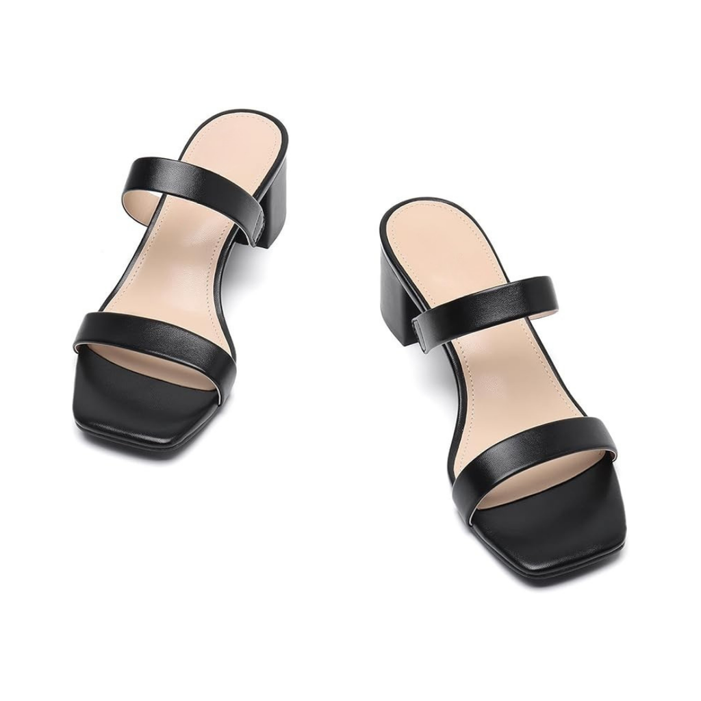 Sandalias negras de tacón medio para mujer con doble tira y acabado liso