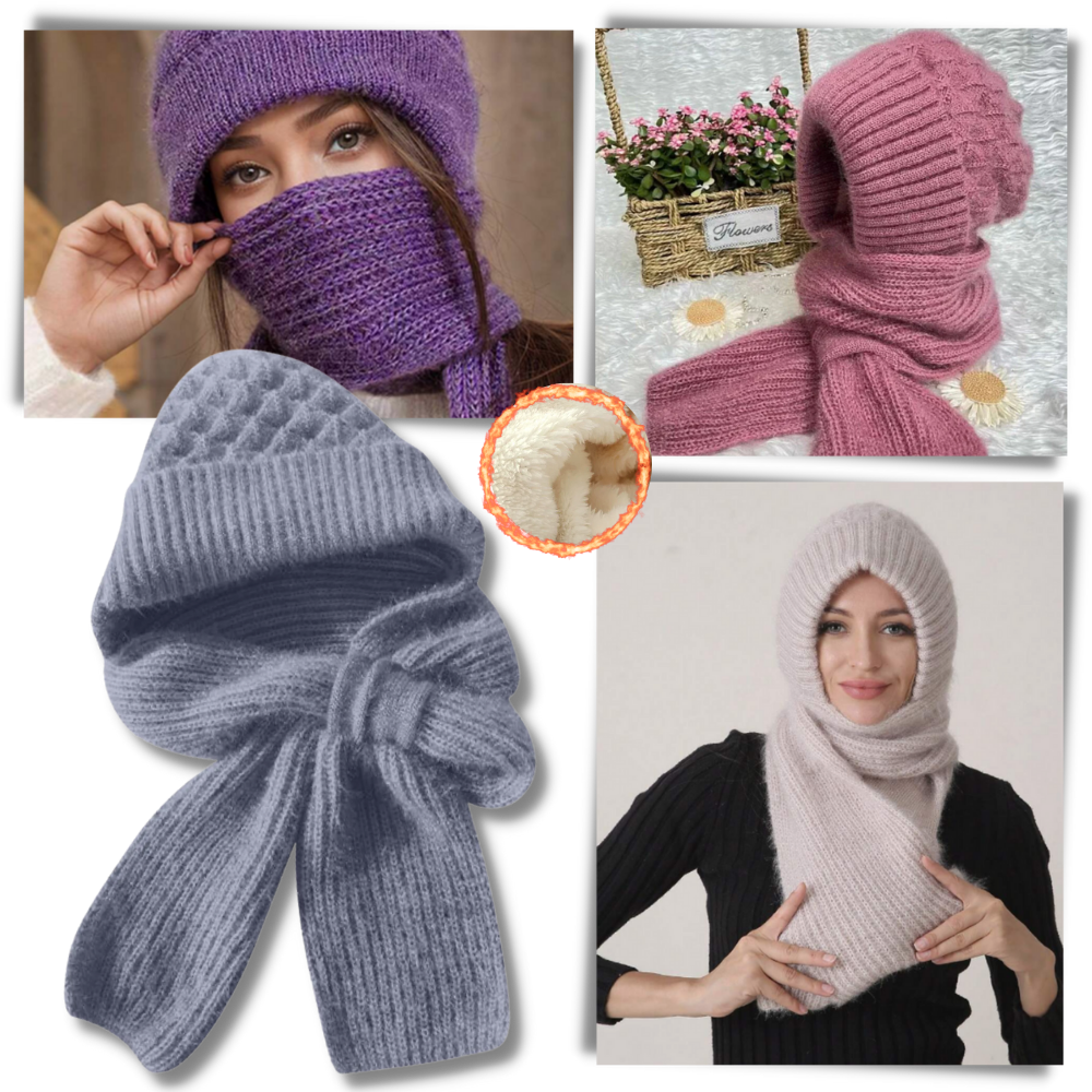 Windproof Knitted Hooded Hat with integrated Scarf and Ear Protection